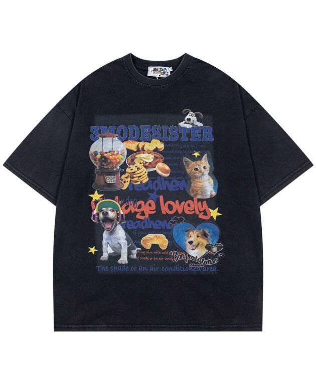 Retro Washed Fun Pet Print Short Sleeve T-Shirt Unisex Loose Casual Couple Top